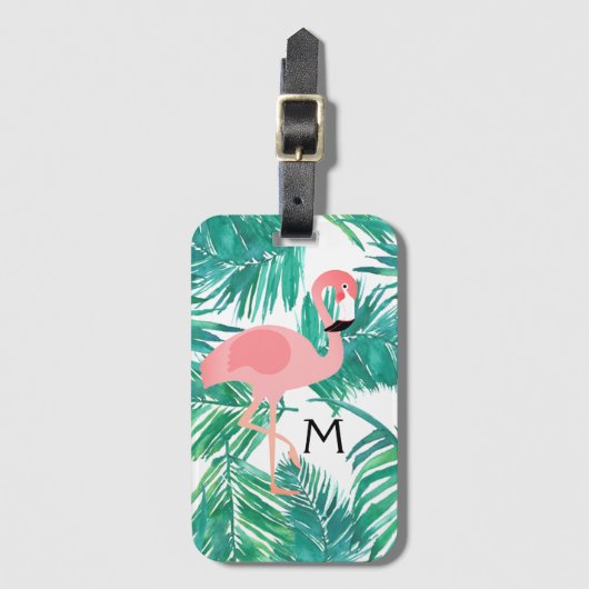Étiquette À Bagage monogramme flamingo design sur les feuilles tropic (Devant Vertical)
