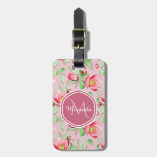 Étiquette À Bagage Monogramme Fleur de Pommier Rose