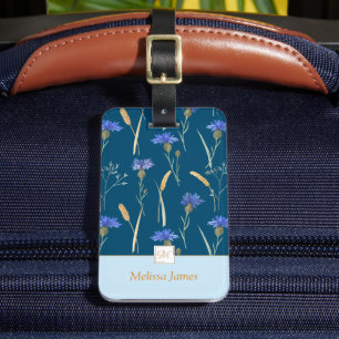 Étiquette À Bagage Monogramme Fleur sauvage Floral Bleu