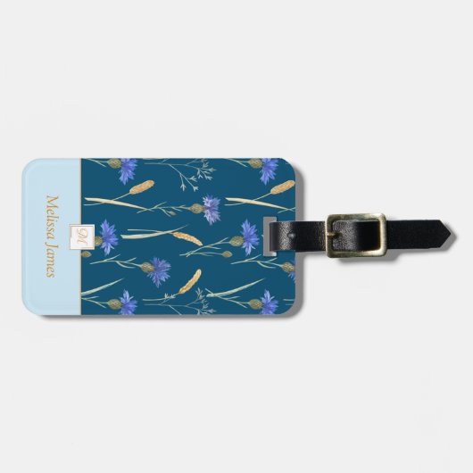 Étiquette À Bagage Monogramme Fleur sauvage Floral Bleu (Devant horizontal)