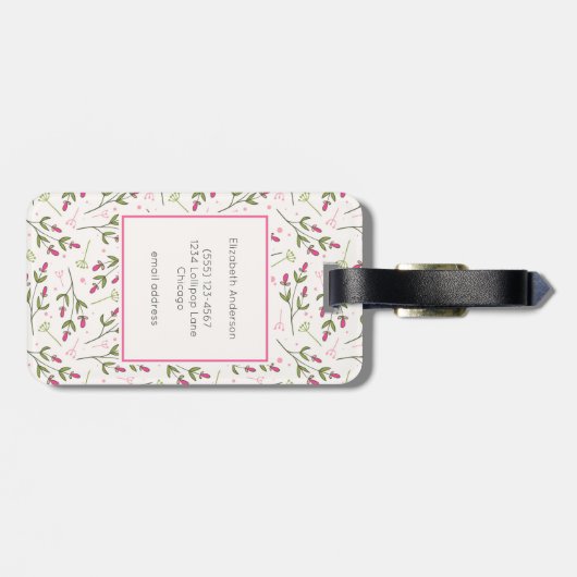 Étiquette À Bagage Monogramme Fleur sauvage rose et vert à longue tig (Dos horizontal)