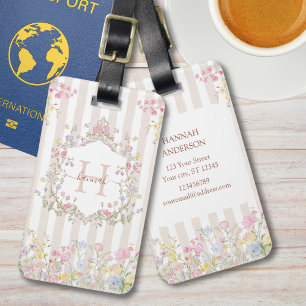 Étiquette À Bagage Monogramme Fleurs Colorées Art Rococo Rayures