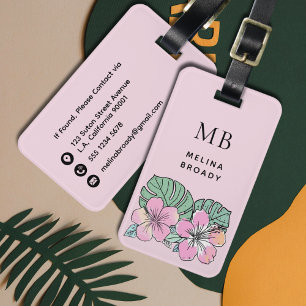 Étiquette À Bagage Monogramme Fleurs d'Été Aloha Fantaisiste Rose Fém