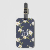 Étiquette À Bagage Monogramme floral blanc bleu marine (Devant Vertical)