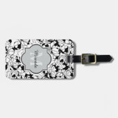 Étiquette À Bagage Monogramme Floral Blanc Noir Moderne Avec Nom (Devant horizontal)