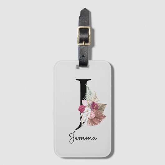 Étiquette À Bagage Monogramme floral initial J rose (Devant Vertical)