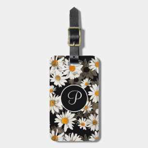 Étiquette À Bagage Monogramme floral noir et blanc Daisal Initial