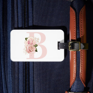 Étiquette À Bagage Monogramme floral or rose pâle