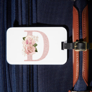 Étiquette À Bagage Monogramme Floral Pailleté Or Rose Clair Féminin D