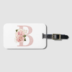 Étiquette À Bagage Monogramme Floral Pailleté Rose Doré Féminin B