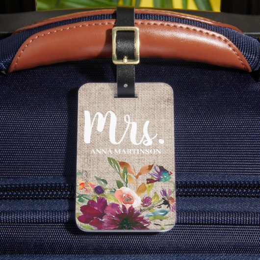 Étiquette À Bagage Monogramme floral violet élégant lin beige rustiqu (Insitu Rectoal 2)