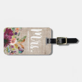Étiquette À Bagage Monogramme floral violet élégant lin beige rustiqu (Devant horizontal)