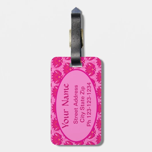 Étiquette À Bagage Monogramme Fuchsia et rose Art nouveau Damask (Dos Vertical)