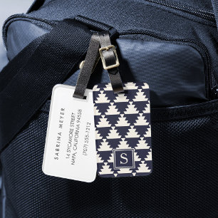 Étiquette À Bagage Monogramme géométrique Aztèque moderne bleu nuit