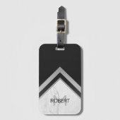 Étiquette À Bagage Monogramme Géométrique Chevron Noir Marbre Argent (Devant Vertical)