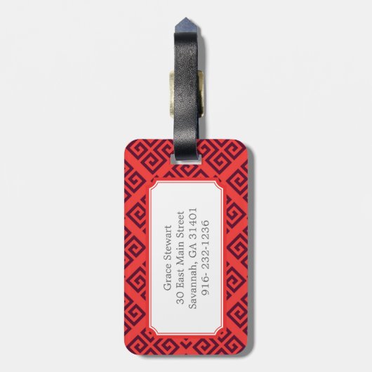 Étiquette À Bagage Monogramme géométrique principal grec rouge chic (Dos Vertical)