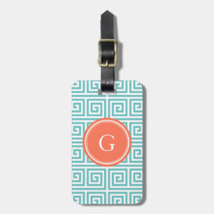 Étiquette À Bagage Monogramme géométrique principal grec turquoise