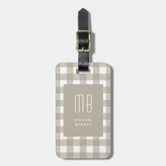 Étiquette À Bagage Monogramme Gingham Beige Élégant (Devant Vertical)