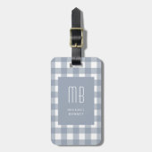 Étiquette À Bagage Monogramme Gingham Bleu Gris Élégant (Devant Vertical)