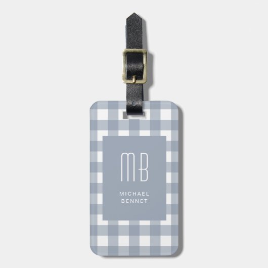 Étiquette À Bagage Monogramme Gingham Bleu Gris Élégant (Devant Vertical)