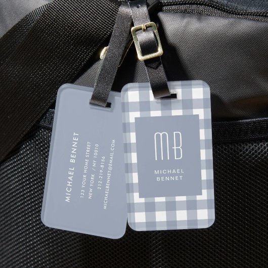Étiquette À Bagage Monogramme Gingham Bleu Gris Élégant