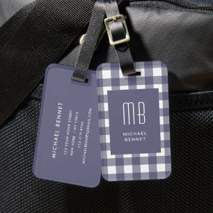 Étiquette À Bagage Monogramme Gingham Bleu Marine Élégant