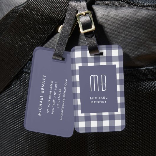 Étiquette À Bagage Monogramme Gingham Bleu Marine Élégant