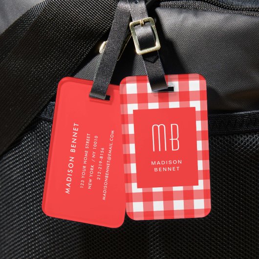 Étiquette À Bagage Monogramme Gingham Rouge Élégant