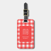 Étiquette À Bagage Monogramme Gingham Rouge Élégant (Devant Vertical)