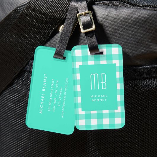 Étiquette À Bagage Monogramme Gingham Vert Élégant