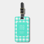 Étiquette À Bagage Monogramme Gingham Vert Élégant (Devant Vertical)