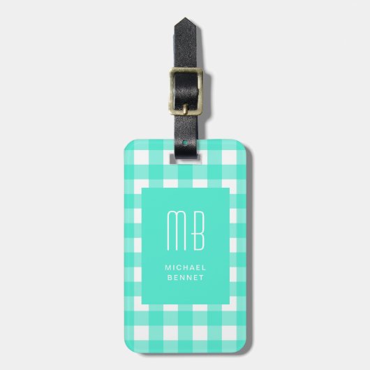 Étiquette À Bagage Monogramme Gingham Vert Élégant (Devant Vertical)