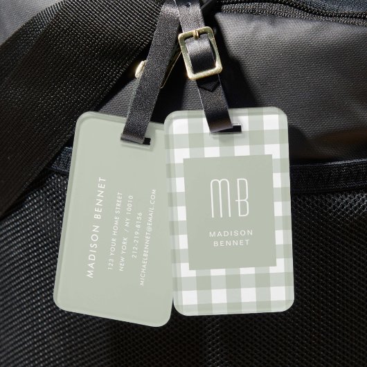 Étiquette À Bagage Monogramme Gingham Vert Sauge Élégant