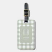 Étiquette À Bagage Monogramme Gingham Vert Sauge Élégant (Devant Vertical)