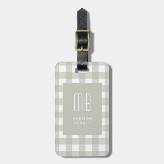 Étiquette À Bagage Monogramme Gingham Vert Sauge Élégant (Devant Vertical)