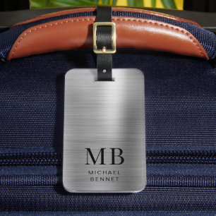 Étiquette À Bagage Monogramme Gris Argent Brossé Faux Metallic Print