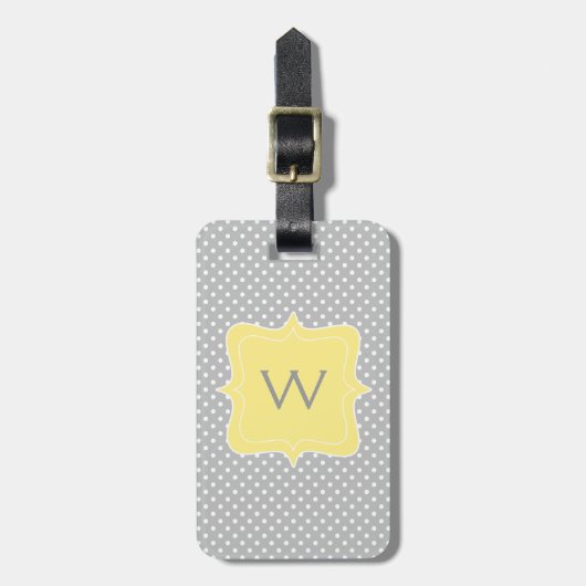 Étiquette À Bagage Monogramme gris et jaune de point de polka (Devant Vertical)