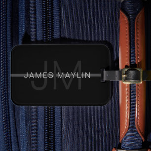 Étiquette À Bagage Monogramme gris foncé, nom et bande géométrique