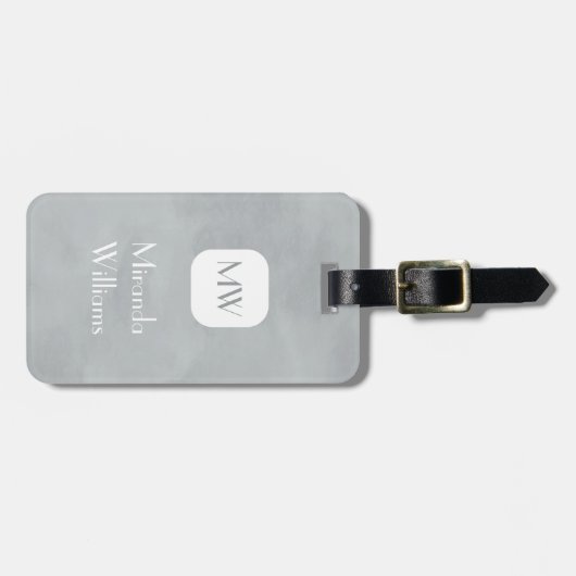 Étiquette À Bagage Monogramme gris simple et chic avec nom (Devant horizontal)