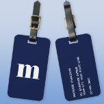 Étiquette À Bagage Monogramme initial bleu marine<br><div class="desc">La typographie coque moderne minimaliste monogramme design initial qui peut être modifié pour personnaliser,  ainsi que les détails sur l'inverse. Blanc sur un arrière - plan bleu marine.</div>