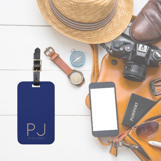 Étiquette À Bagage Monogramme initial bleu marine Personnalisé Simple