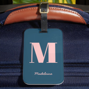 Étiquette À Bagage Monogramme initial bleu rose rose moderne Nom mini