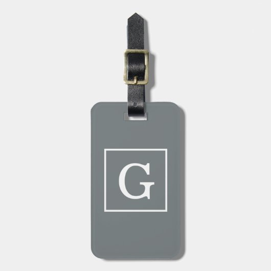 Étiquette À Bagage Monogramme Initial Cadre Gris Charbon Blanc (Devant Vertical)