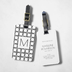 Étiquette À Bagage Monogramme Initial Chic Motif Rotin Noir Élégant