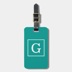 Étiquette À Bagage Monogramme initial encadré blanc Turquoise foncé