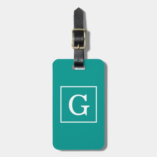 Étiquette À Bagage Monogramme initial encadré blanc Turquoise foncé (Devant Vertical)