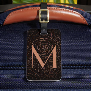 Étiquette À Bagage Monogramme Initial Fleurs Sombres Saumon Doré