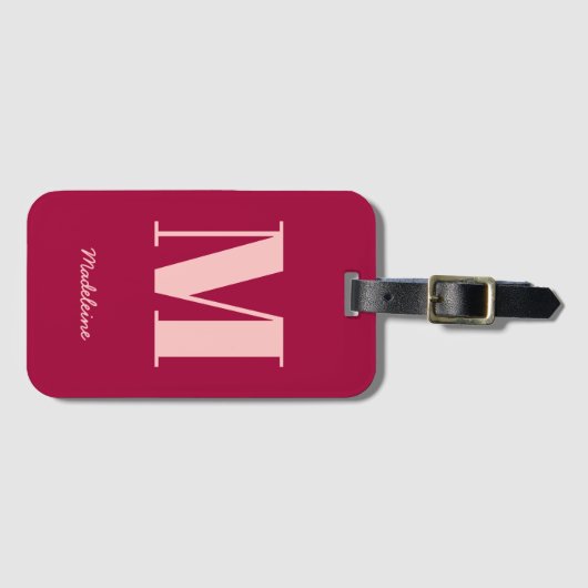 Étiquette À Bagage Monogramme initial moderne Gras rose Nom minimal (Devant Horizontal)