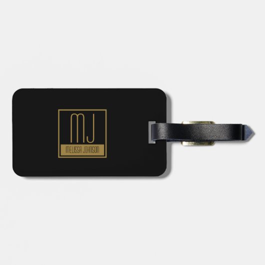 Étiquette À Bagage Monogramme initial noir et or moderne (Dos horizontal)
