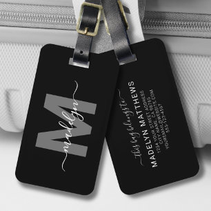 Étiquette À Bagage Monogramme Initial Nom Noir Blanc